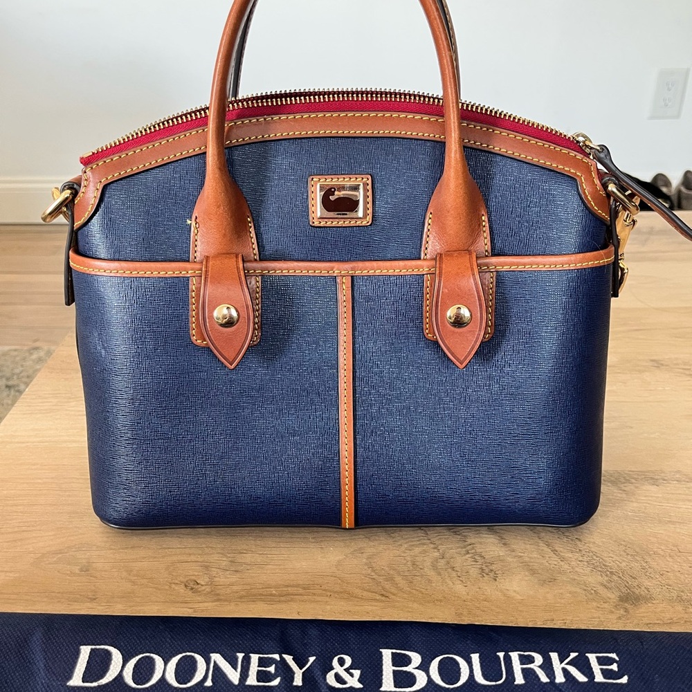 Dooney & Bourke navy blue and brown leather Satchel - Picture 3 of 13
